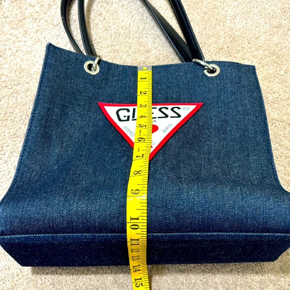 GUESS Dark Blue Denim Shoulder Bag with Red Logo Triangle
